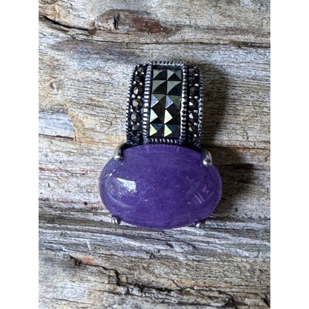 Vintage Purple Stone & Marcasite Sterling Silver 925 Pendant Oval Design